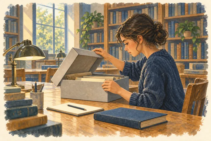 Illustration: An imagined archive scene. Researchers check where a record came from and what it actually establishes; this picture contains no reproduced Earhart evidence.
