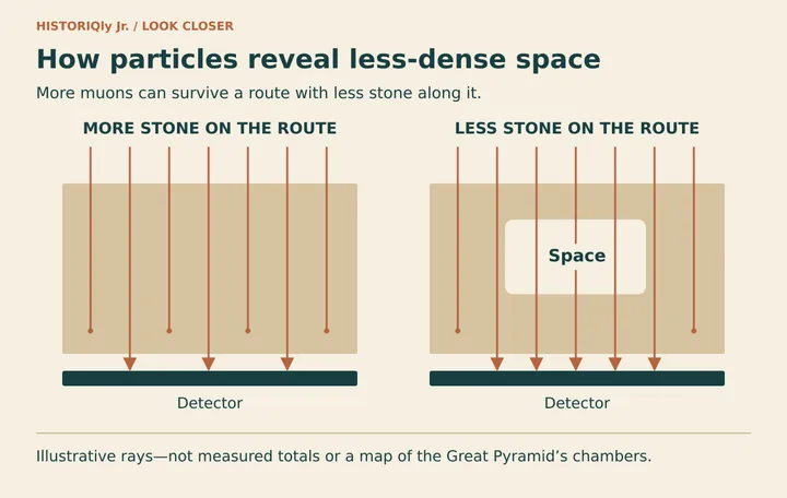 Two schematic blocks compare particle transmission through more stone and through a route containing an empty space.