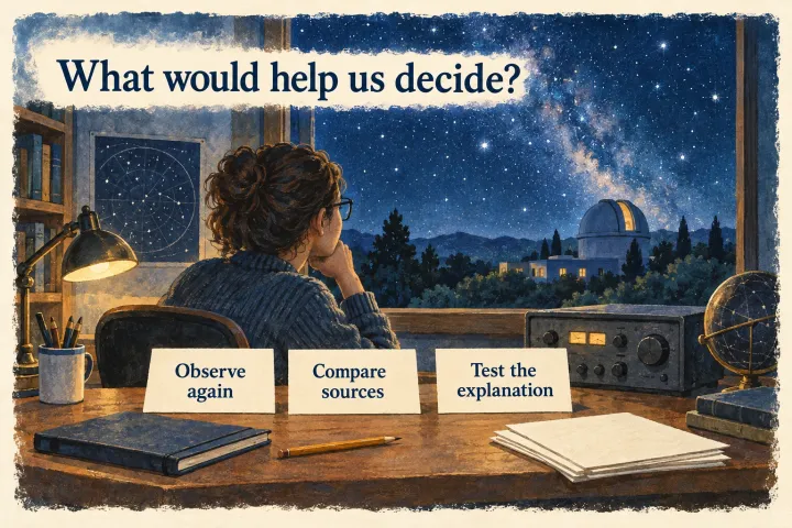 An imagined observatory researcher considering repeat observations, source comparisons and tests.