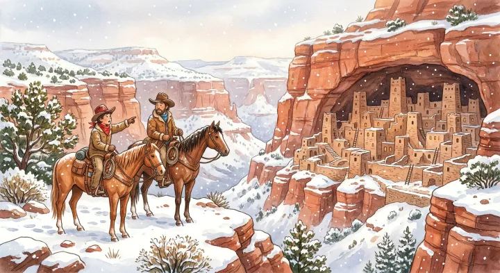 Illustration: An imagined snowy encounter with cliff dwellings