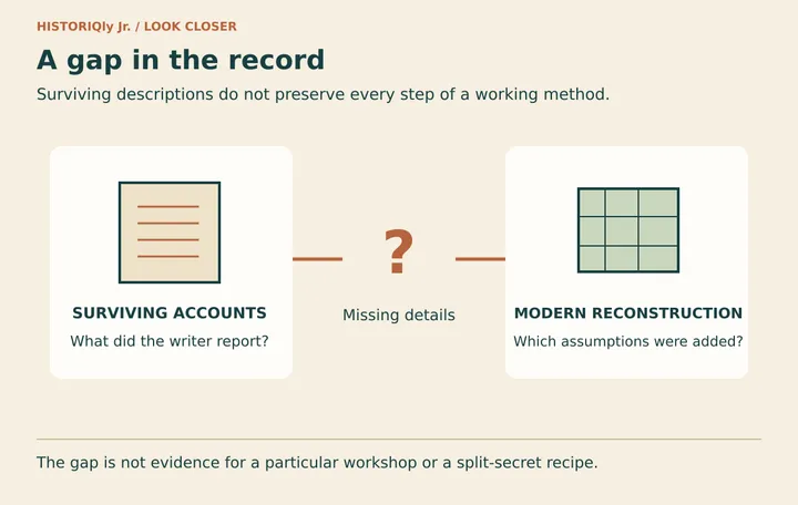 A surviving account and a modern reconstruction are separated by a question mark representing missing details.