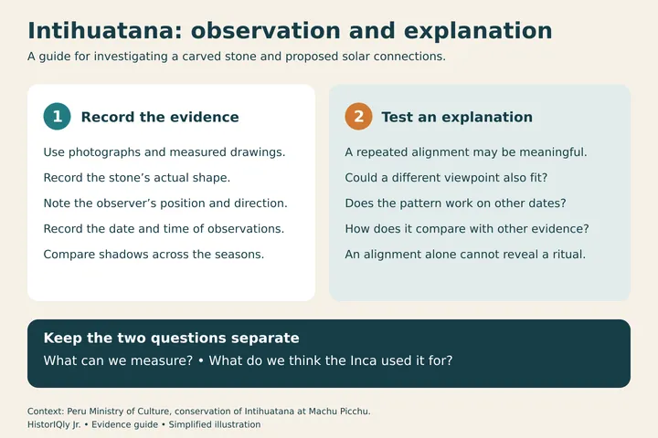Guide separating measurements of the Intihuatana and solar observations from interpretations of its purpose.