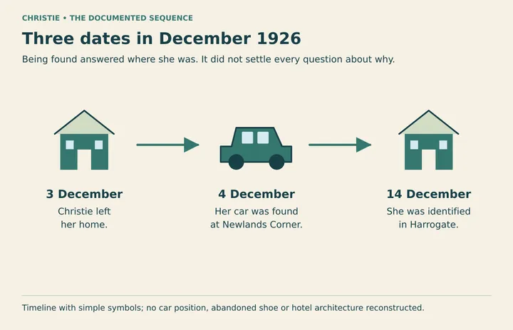 Diagram: A timeline separates Christie’s departure, the discovery of her car and her identification in Harrogate. The symbols reconstruct no car scene or private actions.