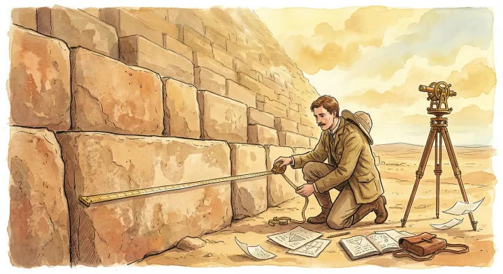 An illustrated surveyor measuring stonework with instruments.