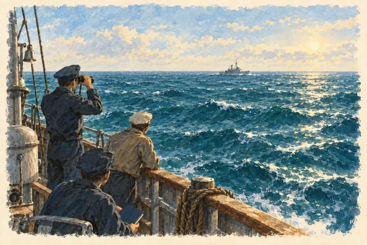 Illustration: An imagined search at sea. No missing aircraft are shown with the search vessels, and no final position or recovered wreck is claimed.
