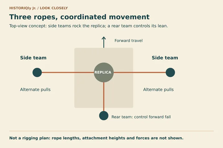 Three ropes, coordinated movement. Top-view concept: side teams rock the replica; a rear team controls its lean.
