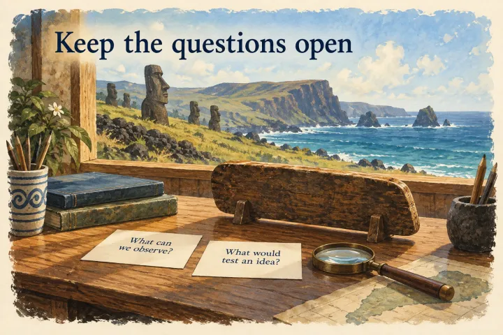An imagined research desk with a tablet seen from the back and two cards separating observations from tests.