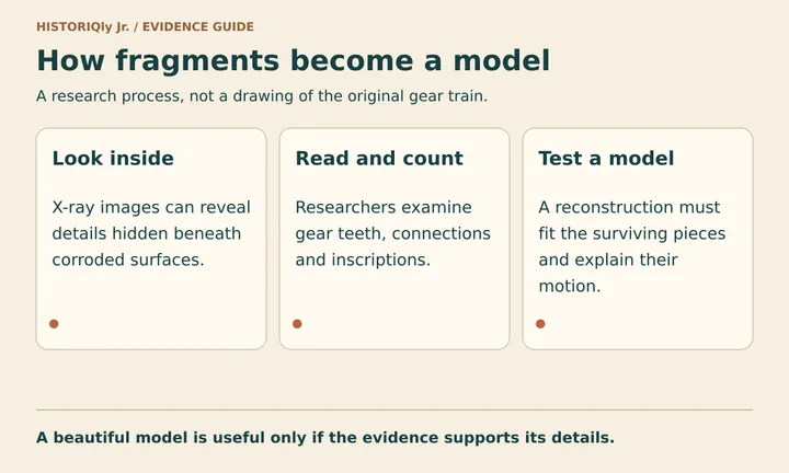 Three stages: scan the fragments, examine gears and inscriptions, test a reconstruction.
