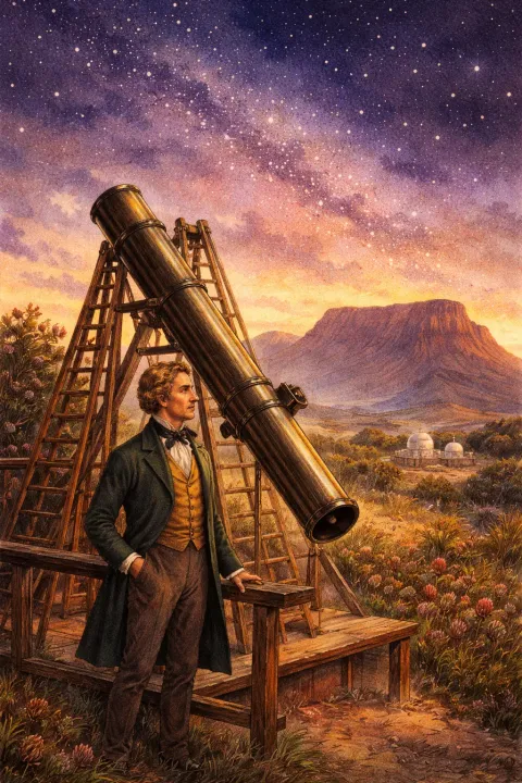 An artistic portrayal of Herschel with a telescope in southern Africa