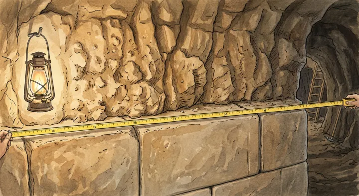 A measuring tape stretched across an illustrated rock surface.