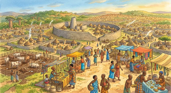 Illustration: An imagined busy settlement around a stone enclosure