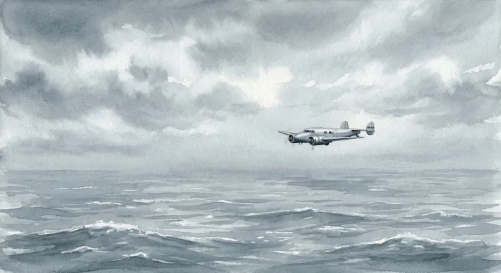 Illustration: An illustration of an aircraft over open water. Clouds could interrupt celestial observations; a compass, clock and calculations helped Noonan estimate position.