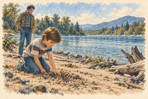 Illustration: An imagined riverbank scene around Brian Ingram’s 1980 discovery. The damaged banknotes are deliberately not pictured; their serial numbers linked them to the ransom.