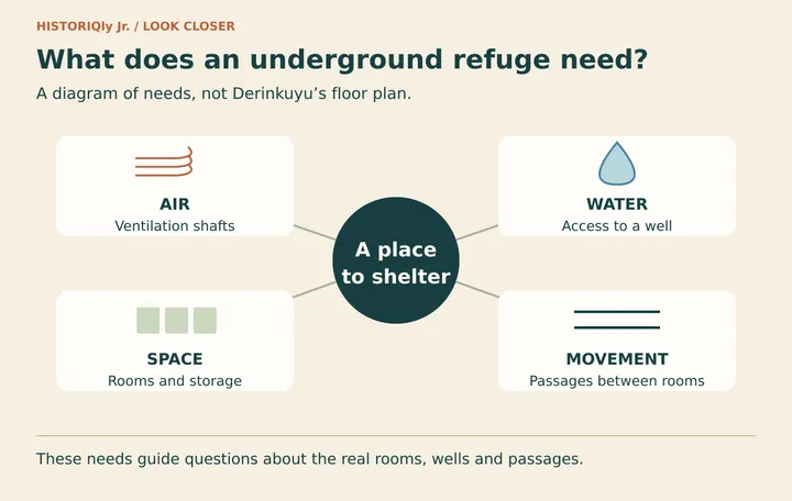 Diagram connecting an underground refuge with ventilation shafts, a well, rooms and passages.
