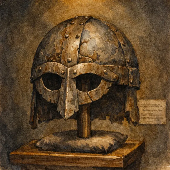 An artistic rendering inspired by a surviving hornless Viking helmet