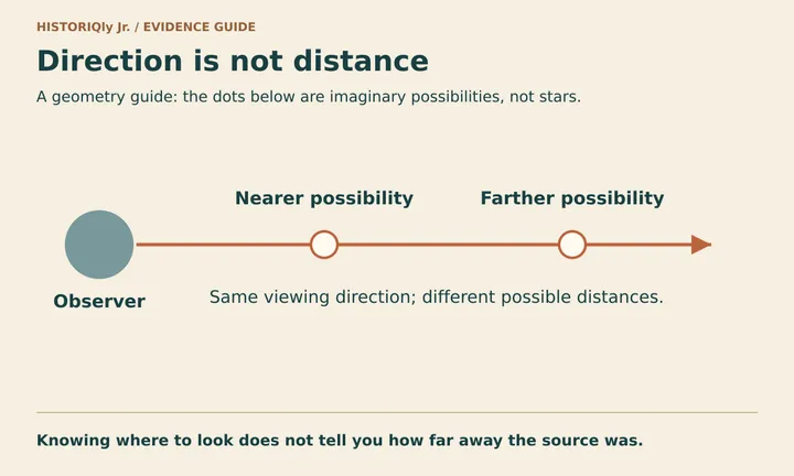 An observer and two possible distances along the same viewing direction; neither is an identified source.