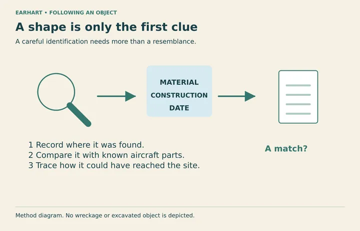 Diagram: A diagram of the checks needed to identify a possible aircraft part. It depicts no recovered Earhart wreckage.