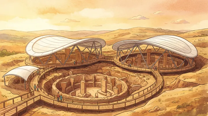 Illustration — an imagined protected archaeological site. The arrangement of shelters, walkways and pillars is invented; the picture introduces conservation rather than documenting Göbekli Tepe’s current layout.