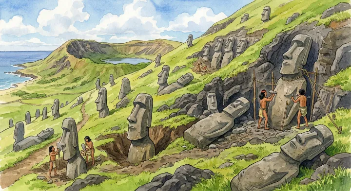 Illustration: An artist’s impression of Rano Raraku and its unfinished statues