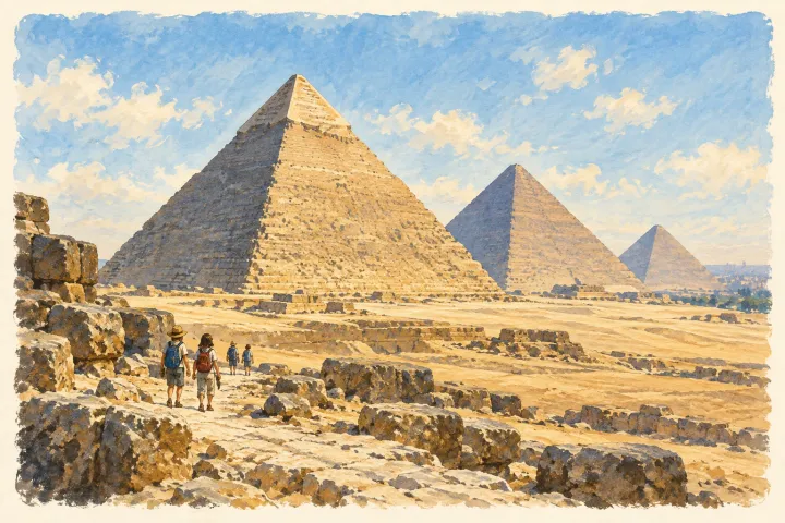 A restrained watercolour interpretation of the pyramids with small modern visitors.