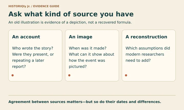 Questions for accounts, historical images and modern reconstructions.