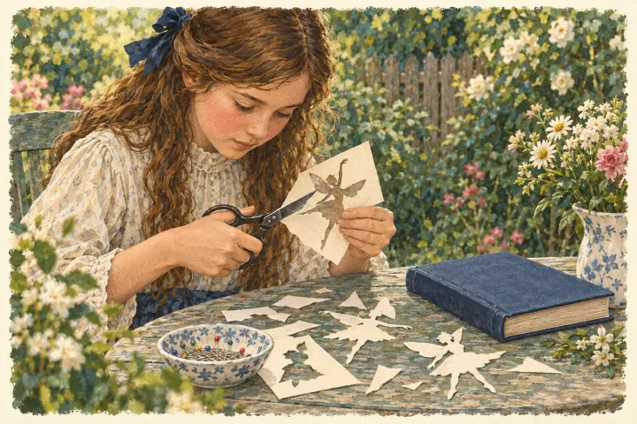 Paper, scissors and pins in an imagined crafting scene