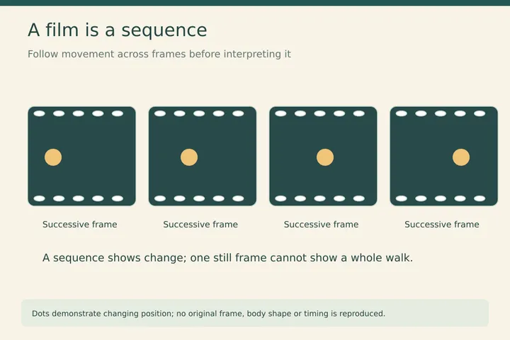 A film is a sequence. Follow movement across frames before interpreting it