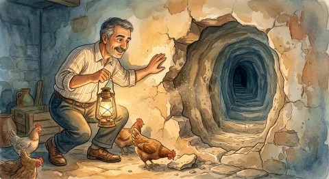 A man with a lantern and chickens at an imagined opening behind a wall.