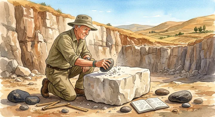 An illustrated researcher shaping stone using hand-held cobbles.