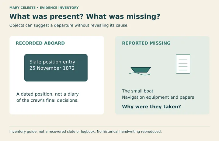 Diagram: An inventory guide distinguishes the slate’s dated position from the missing boat, equipment and papers. It reproduces no recovered logbook or handwriting.