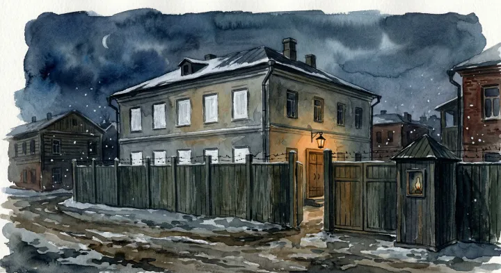 Illustration: An illustration representing the Ipatiev House, where the family was held in 1918. It is not a contemporary photograph or a building survey.