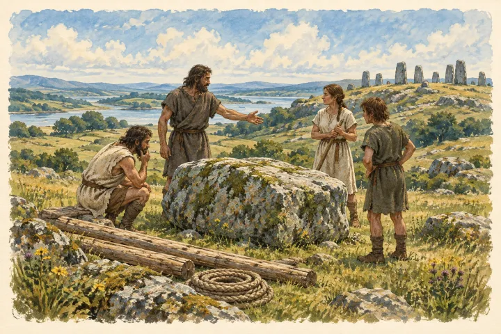 An imagined team considers the challenge of moving a stone. The people, landscape, rope and timber are artistic choices; the picture does not establish a transport method or a route.