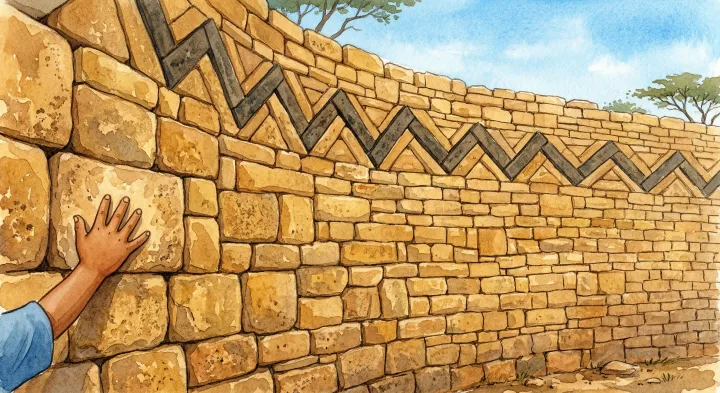 Illustration — an invented wall detail inspired by chevron patterns. It is not a masonry record of the Great Enclosure. Compare real photographs and measured drawings when studying the builders’ stone arrangements.