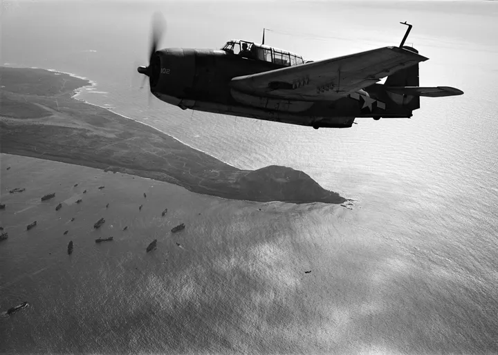 Photograph: A U.S. Navy TBM Avenger over Iwo Jima in March 1945. This is a reference photograph of the aircraft type, not a photograph of Flight 19 or its formation.