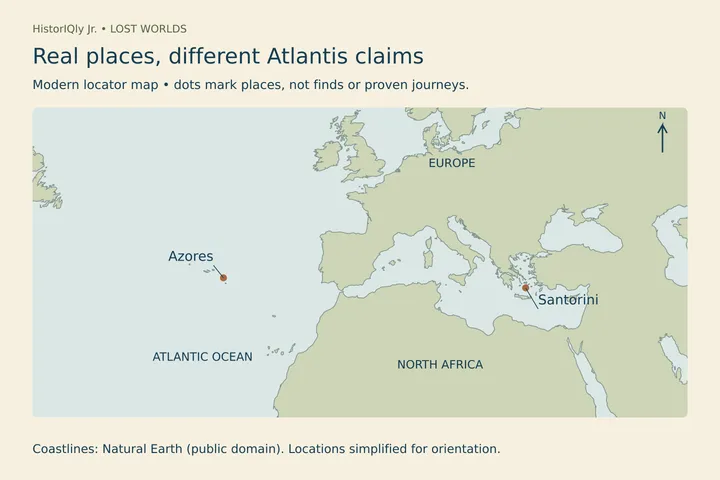 Locator map of the Azores and Santorini, two real places drawn into Atlantis speculation. Their positions do not make either place Plato’s island. Modern coastlines; no imagined city or ancient route is plotted.