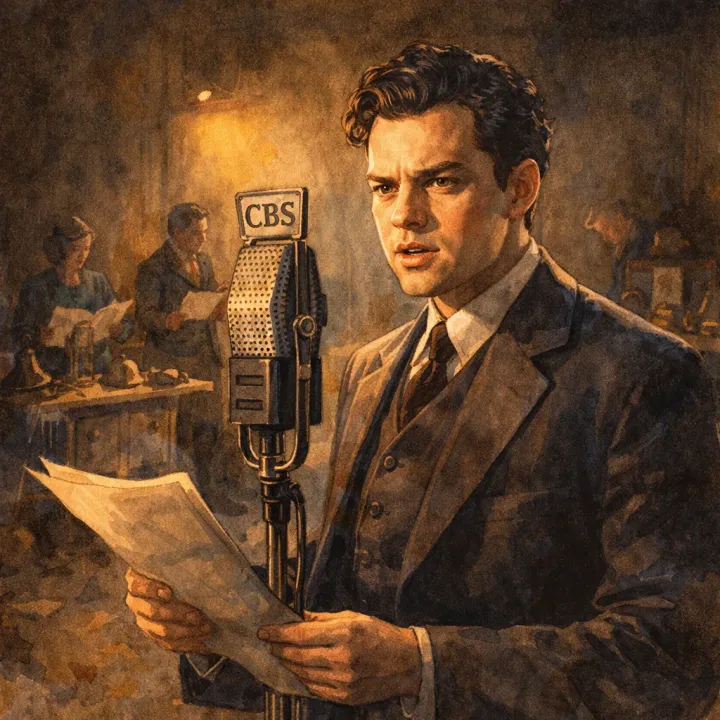 An artistic portrayal of Welles at a microphone