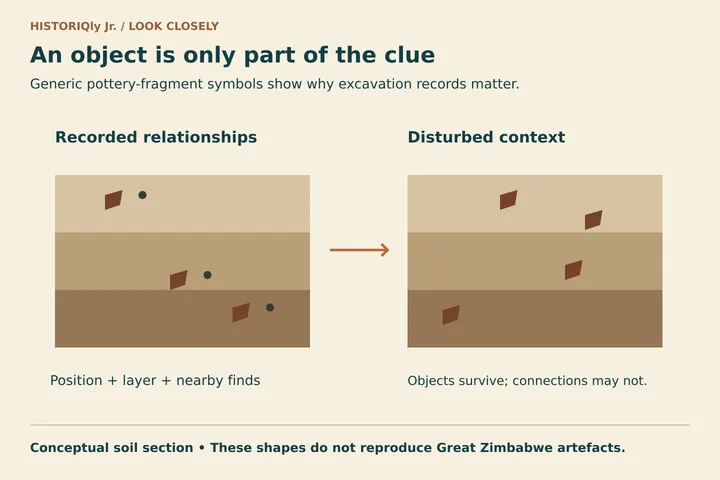 An object is only part of the clue. Generic pottery-fragment symbols show why excavation records matter.