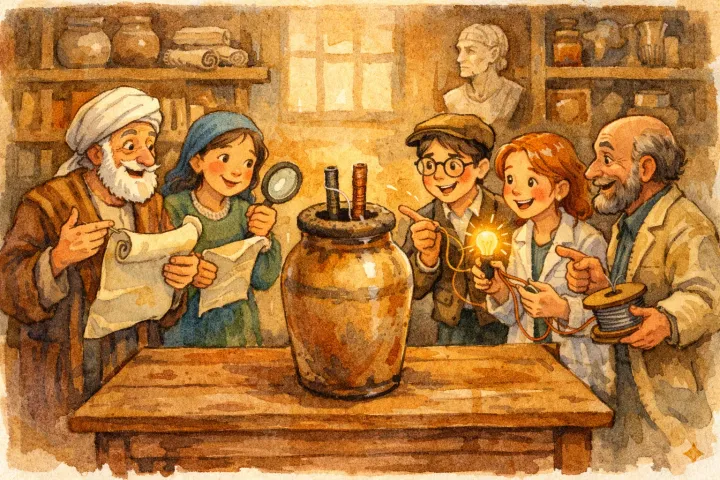 An illustrated group examining a modern jar-and-wire demonstration.