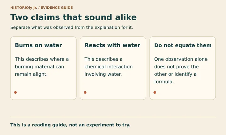 Burning on water and reacting with water are different claims; one does not establish the other.