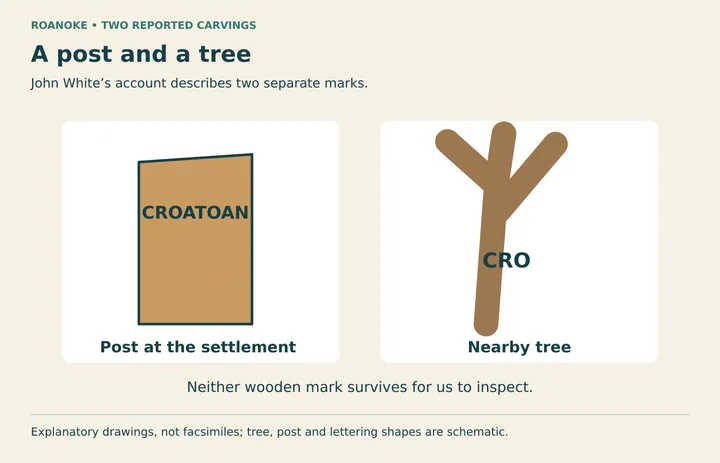 Diagram: White reported CROATOAN on a post and CRO on a tree. These schematic drawings separate the two marks; neither is a surviving object or a facsimile.