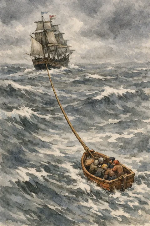 Illustration: Hypothetical reconstruction: a boat attached by a towline. No witness confirmed this arrangement, the people’s positions or a snapped line; the picture explains a proposal rather than recording the abandonment.