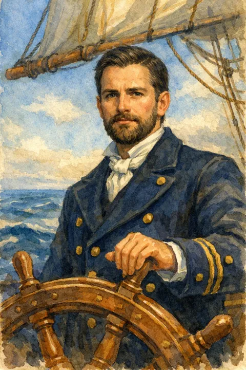Illustration: An imagined character illustration of Captain Benjamin Briggs, not an authenticated likeness or a record of his uniform. He was among the people who did not return from the voyage.