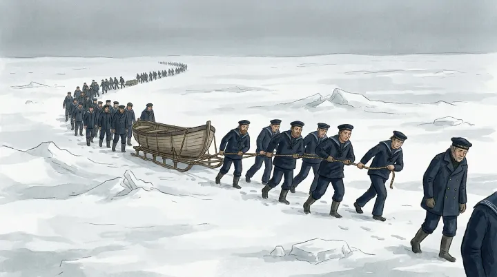 Illustration: An imagined retreat with boats on sledges. The surviving note records abandonment of the ships in April 1848, but no picture records the march.