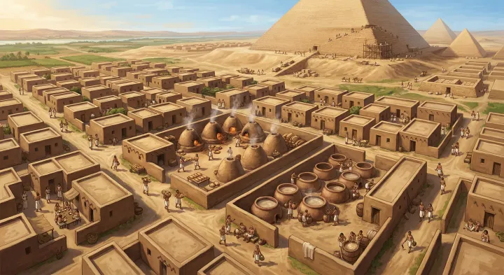 An artist’s reconstruction of a settlement with houses and work areas.