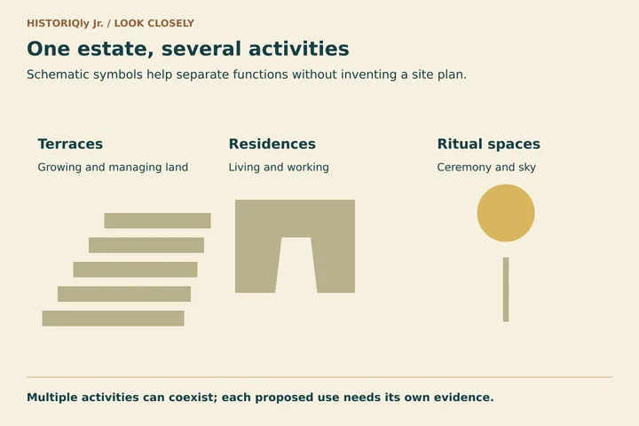 One estate, several activities. Schematic symbols help separate functions without inventing a site plan.