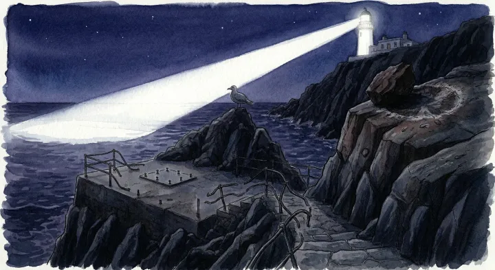 Illustration: An illustration of the lighthouse at night. The station became automatic in 1971; the painting does not document a particular night.