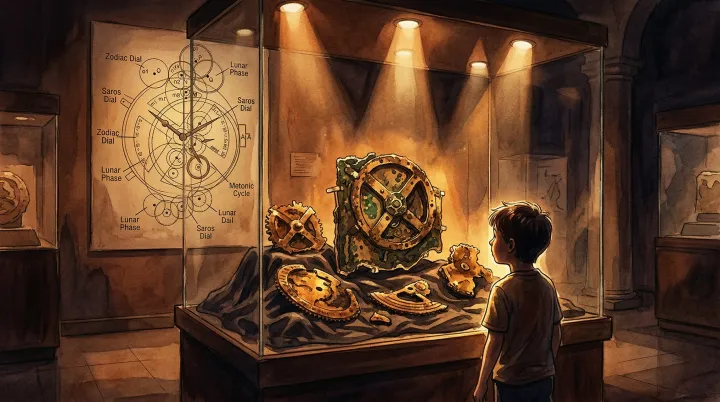 An illustrated child looking at fragments and a model in a museum.