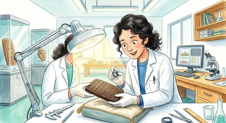An illustrated researcher carefully examining a wooden tablet.