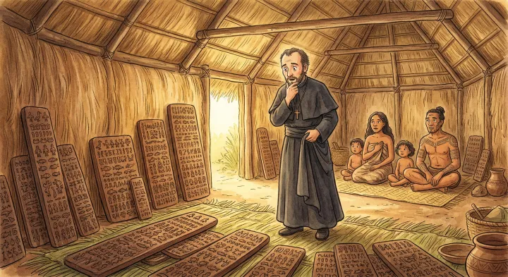 An illustrated missionary in a room with carved wooden boards.