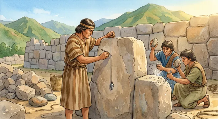 Illustration showing Inca stonemasons using the scribe-and-cut method: one worker suspends a plumb line against a stone face while others chip away at the adjoining block with stone hammers